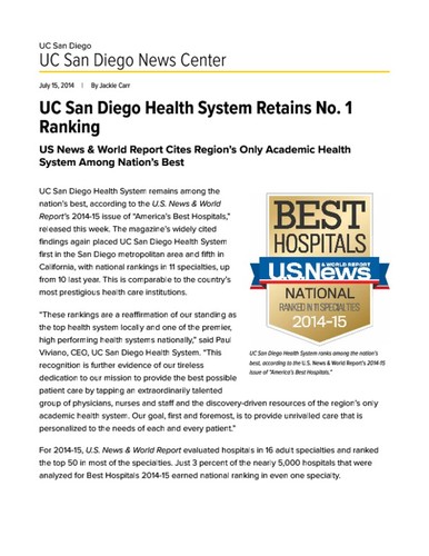 UC San Diego Health System Retains No. 1 Ranking