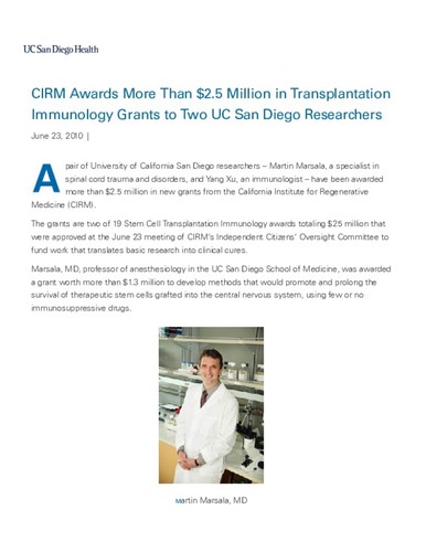 CIRM Awards More Than $2.5 Million in Transplantation Immunology Grants to Two UC San Diego Researchers