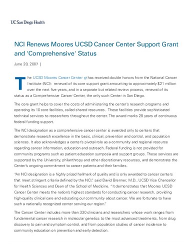 NCI Renews Moores UCSD Cancer Center Support Grant and 'Comprehensive' Status