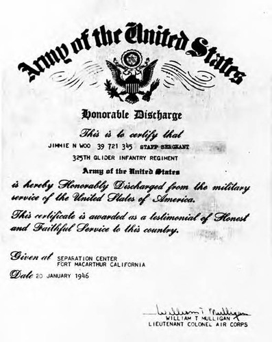 Copy of the discharge letter by the United States Army to Jimmie N. Woo. He was a staff sergeant of the 325th Glider Infantry Regiment