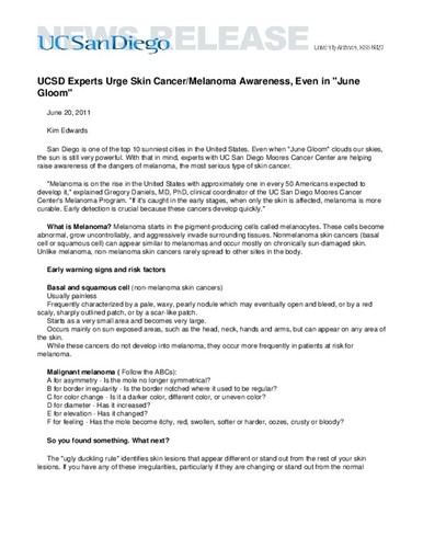 UCSD Experts Urge Skin Cancer/Melanoma Awareness, Even in "June Gloom"