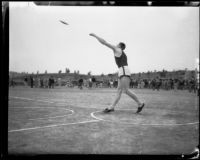 University of California athlete putting a shot, Los Angeles, 1932