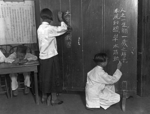 Chinese students writing on the blackboard