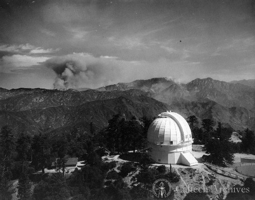 Mt. Wilson 100" telescope dome with fire in the background