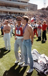 Two male athletes wearing medals at the Triumph '86: Gay Games I