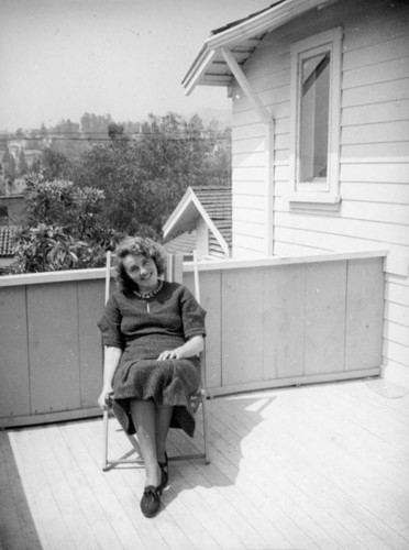 Ethel Schultheis on the balcony at home, Hollywood Hills