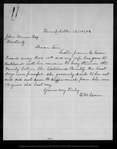 Letter from E. M. Carr to John Muir, 1903 Dec 18