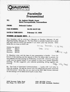 Note, Leslie Taylor Associates to Andrew J. Viterbi, January 31, 1992