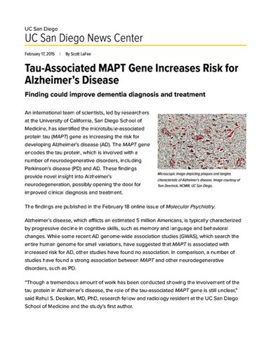 Tau-Associated MAPT Gene Increases Risk for Alzheimer’s Disease