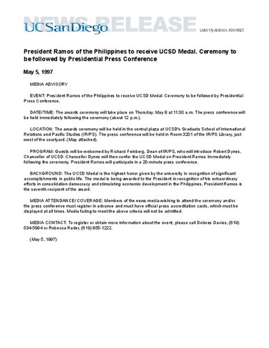 President Ramos of the Philippines to receive UCSD Medal. Ceremony to be followed by Presidential Press Conference