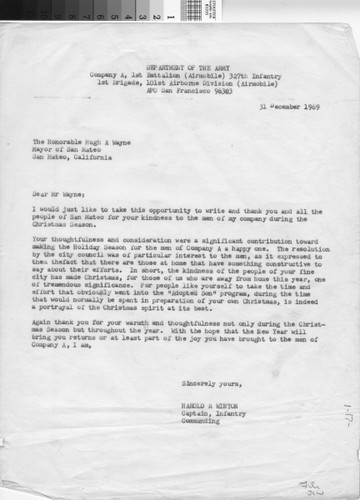 Letter from Harold R. Winton, US Army, to H. Wayne 12/31/69