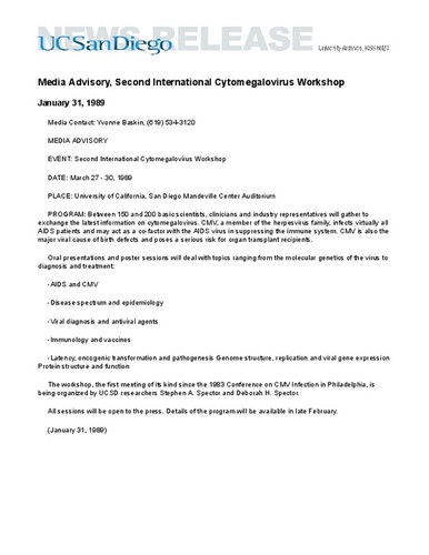 Media Advisory, Second International Cytomegalovirus Workshop