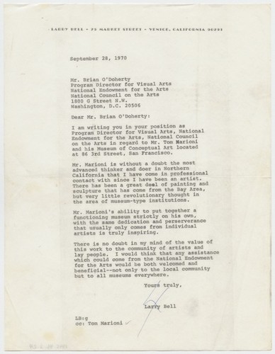 Letter to Brian O’Doherty, Program Director for Visual Arts, National Endowment for the Arts from Larry Bell (Correspondence 1970)