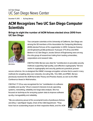 ACM Recognizes Two UC San Diego Computer Scientists