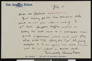 Harry Carr, letter, 1934-07-18, to Hamlin Garland