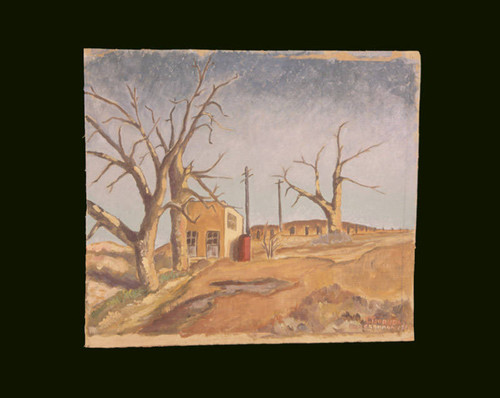 Painting of dirt road with barracks in background and trees with no leaves