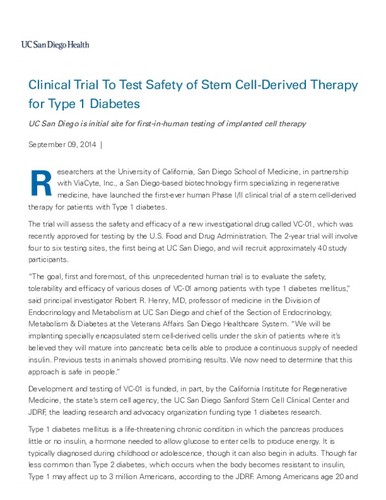 Clinical Trial To Test Safety of Stem Cell-Derived Therapy for Type 1 Diabetes