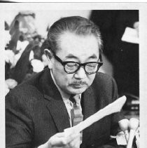 Dr. S.I. Hayakawa testifying before the California Legislature. Hayakawa was an English professor at San Francisco State U. from 1955 to 1968, President from 1968 to 1973, President Emeritus from 1973-1977, and a California Senator from 1977 to 1983