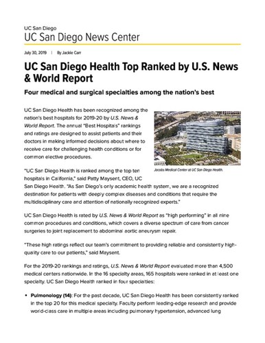 UC San Diego Health Top Ranked by U.S. News & World Report