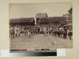 Taisaka warriors or spearsmen during weapon training, Madagascar, ca.1895