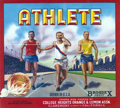 Crate label, "Athlete." Grown and packed by College Heights Orange & Lemon Assn