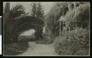 Exterior view of the Albert Smiley residence in Redlands in winter, ca. 1900