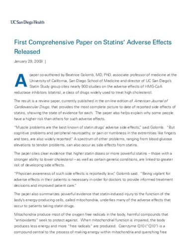 First Comprehensive Paper on Statins’ Adverse Effects Released
