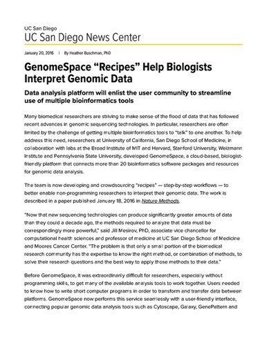 GenomeSpace “Recipes” Help Biologists Interpret Genomic Data