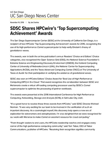 SDSC Shares HPCwire’s ‘Top Supercomputing Achievement’ Awards
