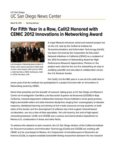 For Fifth Year in a Row, Calit2 Honored with CENIC 2012 Innovations in Networking Award