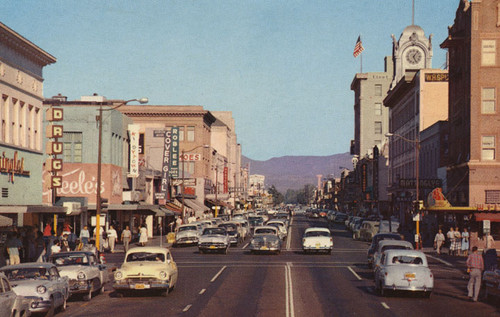 Santa Ana Calif. looking east on Fourth Street in the downtown shopping district about 1956