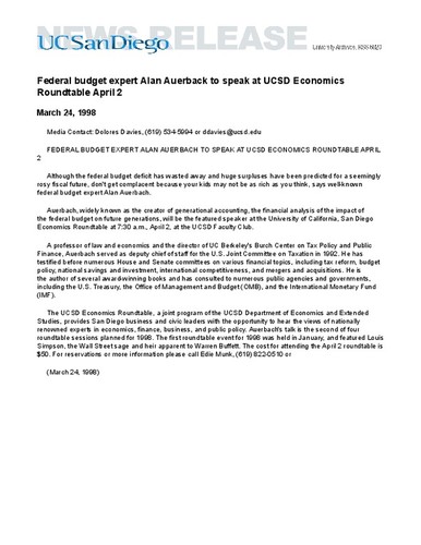 Federal budget expert Alan Auerback to speak at UCSD Economics Roundtable April 2