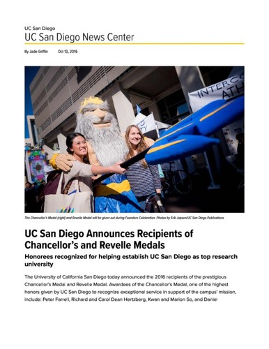 UC San Diego Announces Recipients of Chancellor’s and Revelle Medals