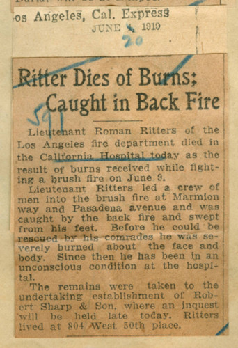 Ritter dies of burns, caught in back fire