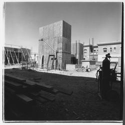 Concrete forms for the central columns in the new Exchange Bank building, 550 Fourth Street, Santa Rosa, California, 1971