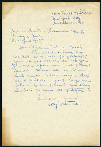 Betty Stewart letter to Schumann-Heink, 1927 December 04