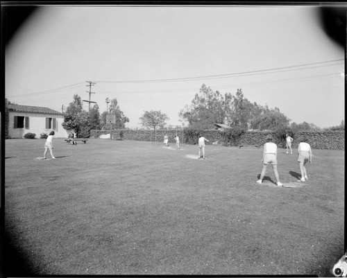 Girls playing softball, Polytechnic Elementary School, 1030 East California, Pasadena. April 11, 1941