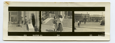 Three girls standing on front steps of University High School (Oakland, Calif) / Crowd standing in front of Dinner Bell Bakery and Lunch