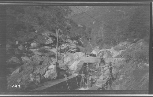 A construction crew working on the Marble Fork headworks at Kaweah #3 Hydro Plant