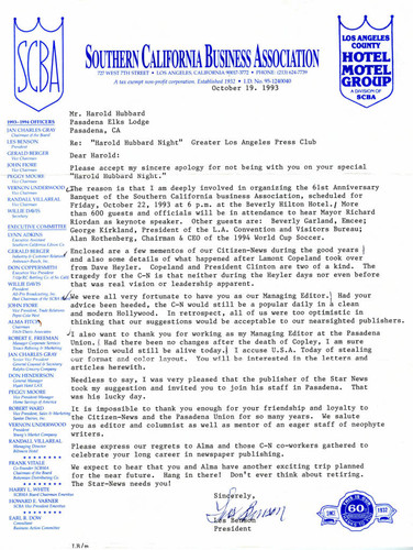Harold Hubbard Night letter from Les Benson 1993