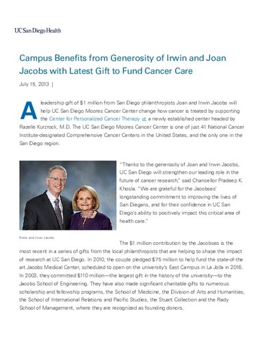 UCSD Benefits from Generosity of Irwin and Joan Jacobs with Latest Gift to Fund Cancer Care