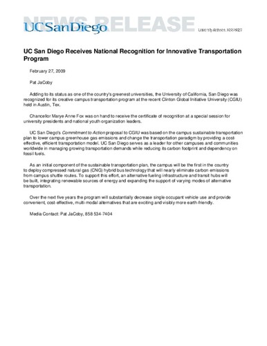 UC San Diego Receives National Recognition for Innovative Transportation Program
