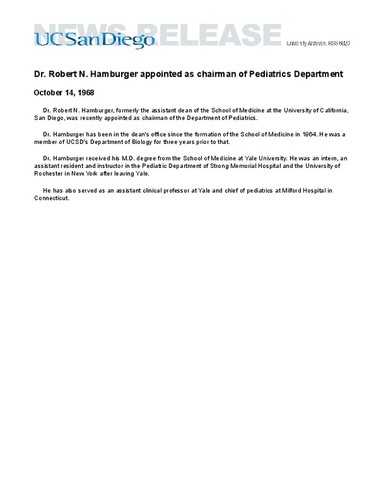 Dr. Robert N. Hamburger appointed as chairman of Pediatrics Department