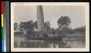 Chinese boat sailing along a river, China, ca.1904