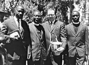 Outside Kashasha Church, the Kagera Region, Tanzania 1966. From left to right: Mr. Bushanga - t