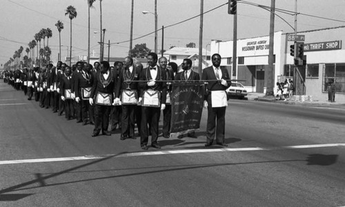 Prince Hall Freemasons marching in a parade, Los Angeles, 1986