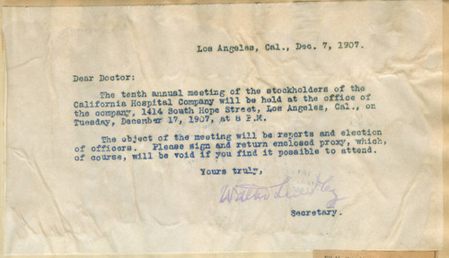 Letter from Walter Lindley to physicians
