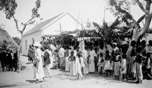 Arcot, South India. Congregation from a worship service in the Vriddhachalam area assembled out