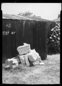 House with advertising matter stolen, East 52nd Street and Towne Avenue, Los Angeles, CA, 1934