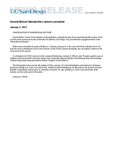 Harold Wilson Mandeville Lecture cancelled